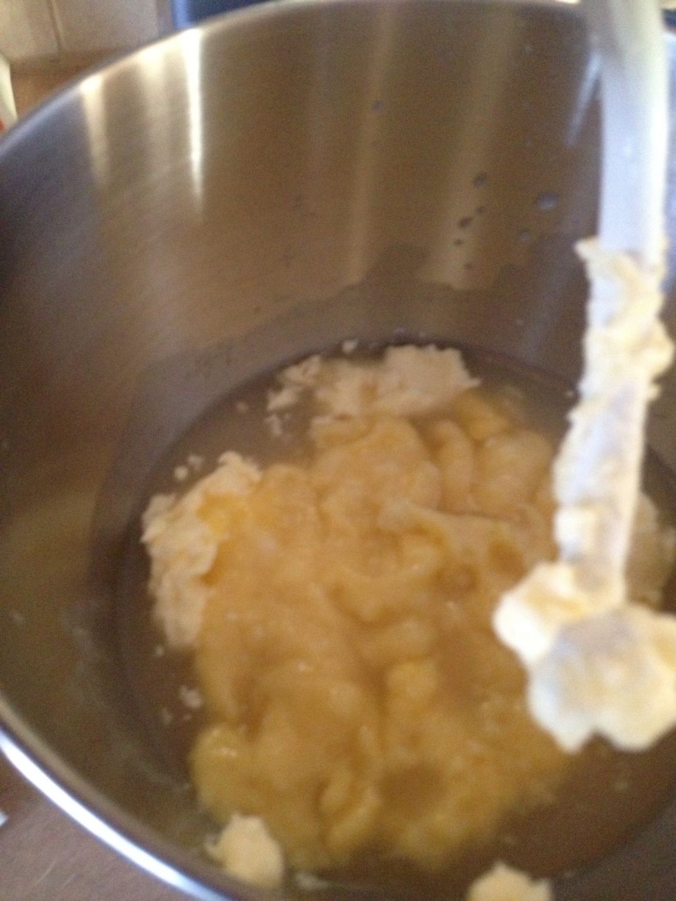 Add shortening, sugar, salt, and potato mixture to the yeast in the bowl and mix together
