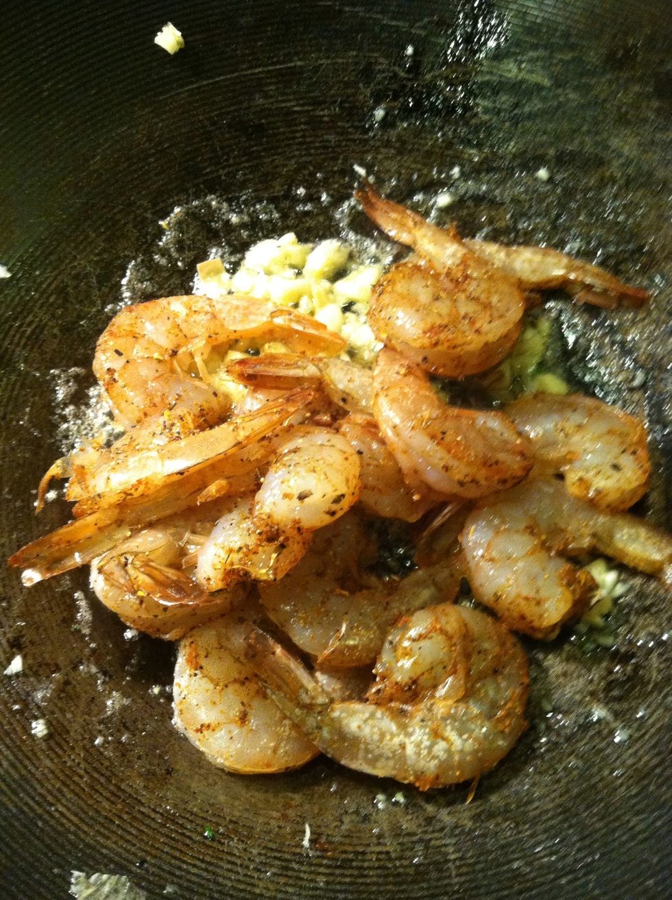 Add shrimp and saut\u00e9 until 3/4ths cooked