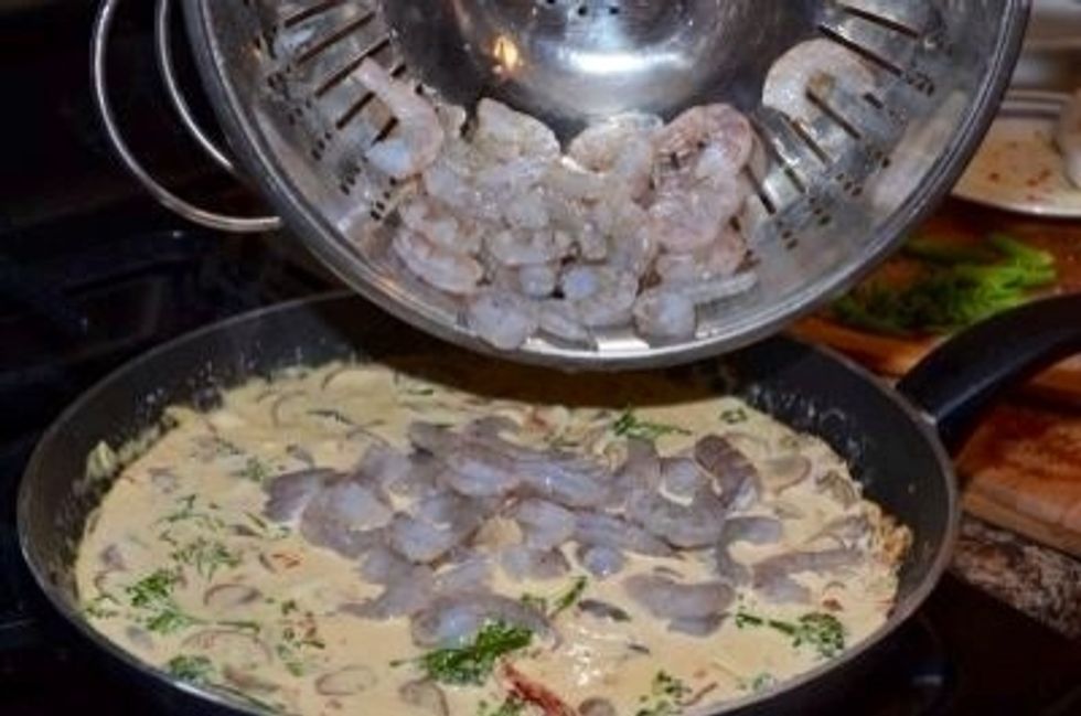 Add shrimp and vodka. When the shrimp turns pink, about 2-5 minutes, your sauce is ready.