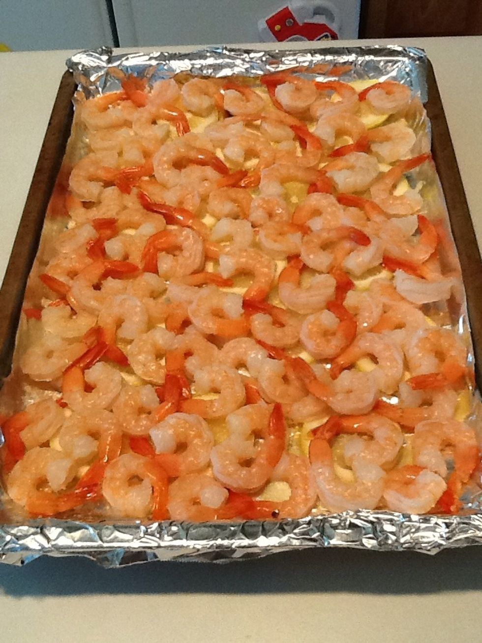 Add shrimp on top of lemons.  I used precooked shrimp as a shortcut, but you could use fresh shrimp.
