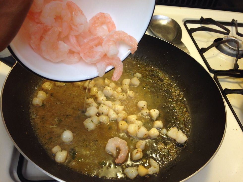 Add shrimp to pan during last five minutes of cooking