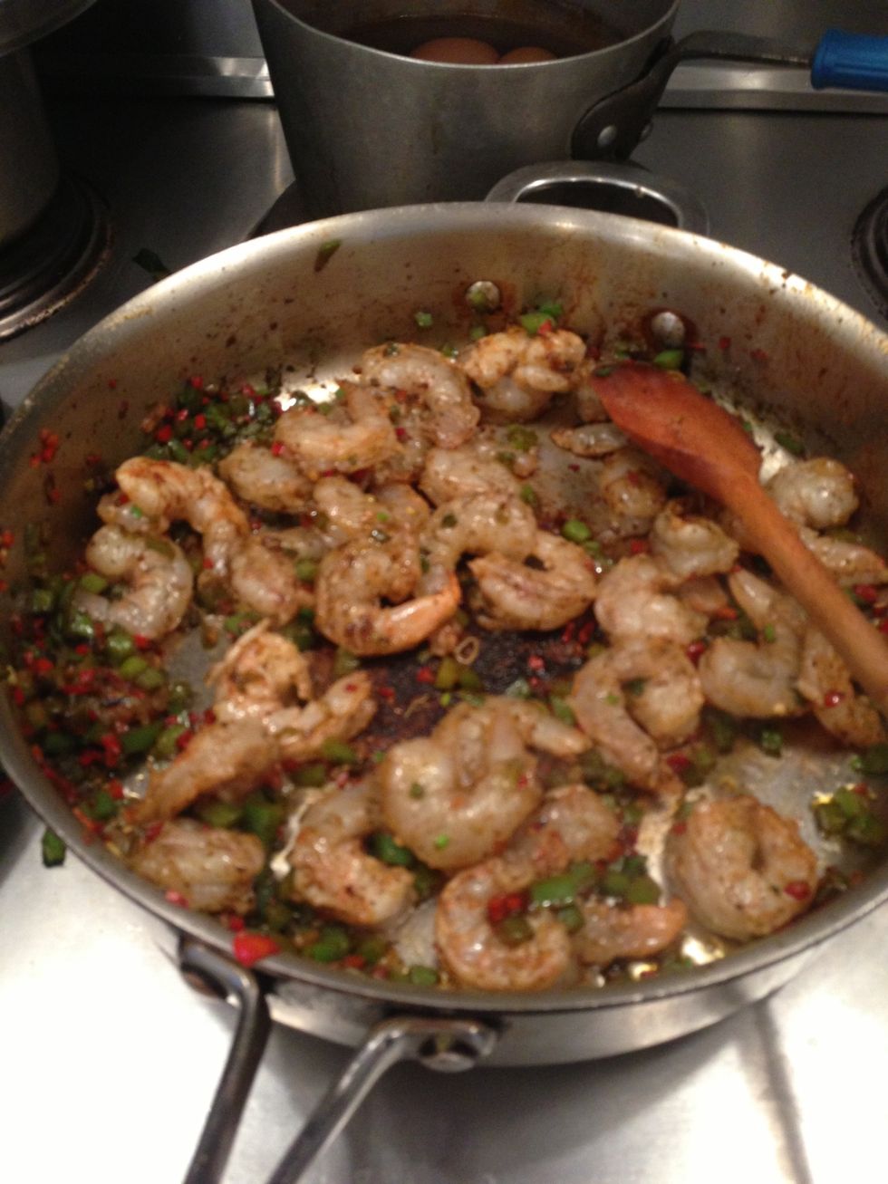 Add shrimp to saut\u00e9e pan