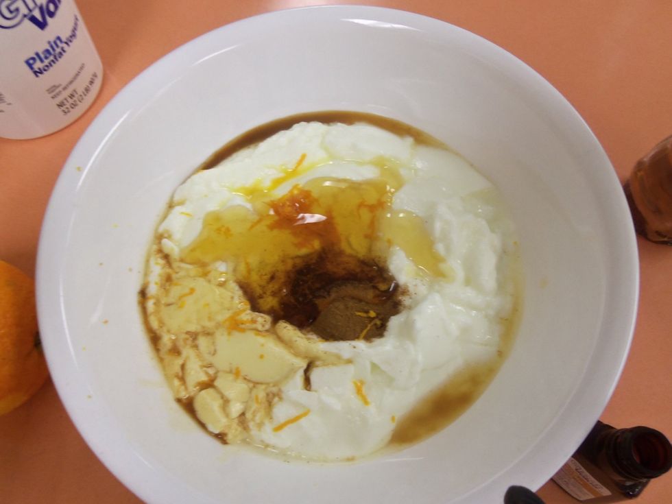 Add six tablespoons of honey. Mix all of the ingredients together.