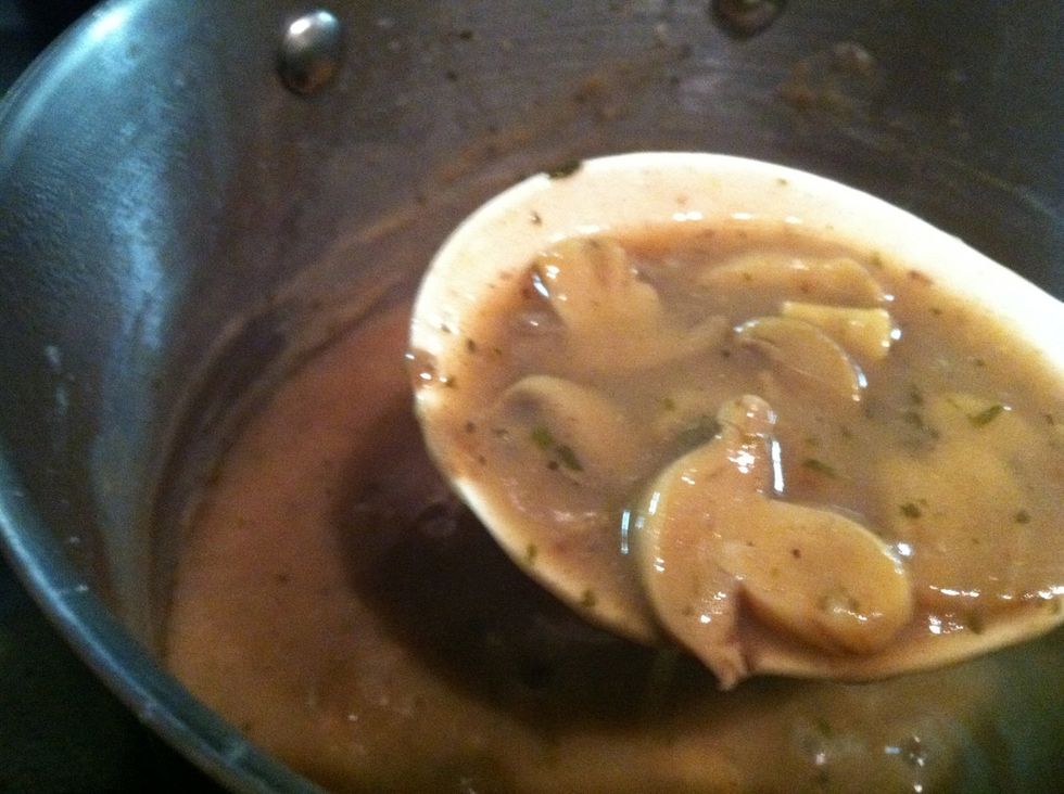 Add sliced mushrooms and 4 tbsp of stock from the bourguignon pot. Add flour to thicken. Whisk/stir consistently under medium-low heat. Salt to taste.