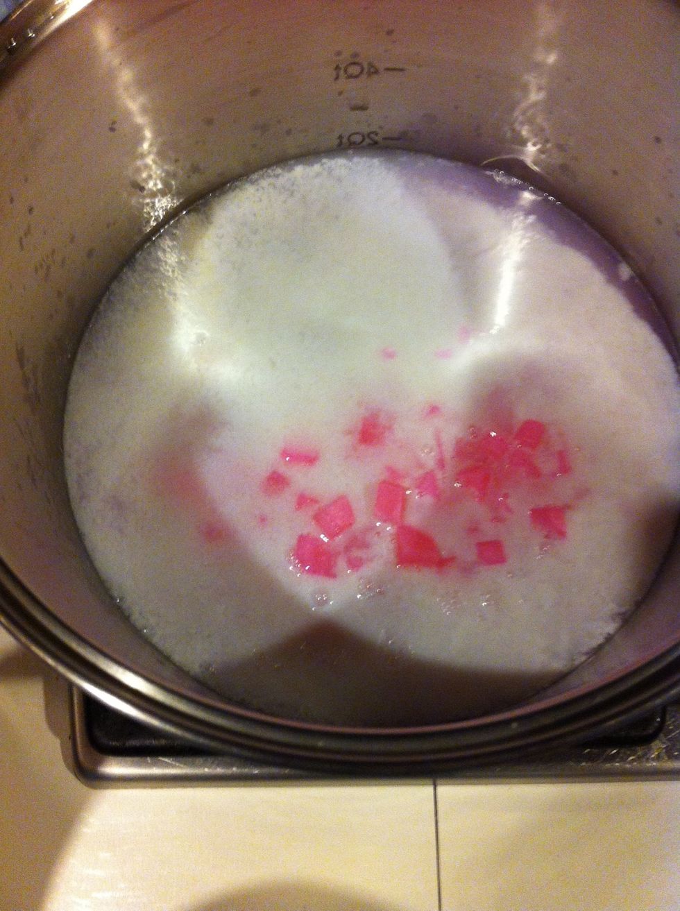 Add soap to 6 cups water. I start heating the water as I am cutting the soap.