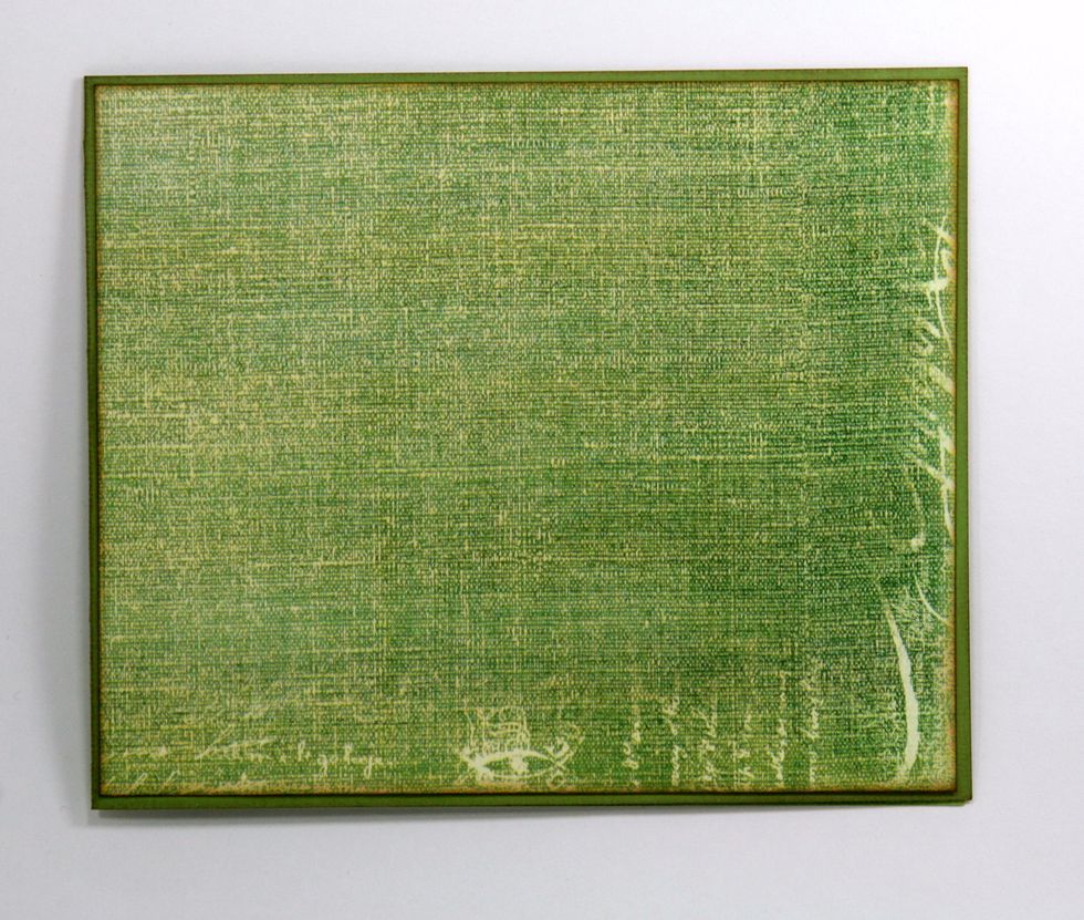 Add solid green cardstock border to well inked printed patterned paper from Crafty Secrets Creating with Vintage Christmas CD 6 Green Canvas.