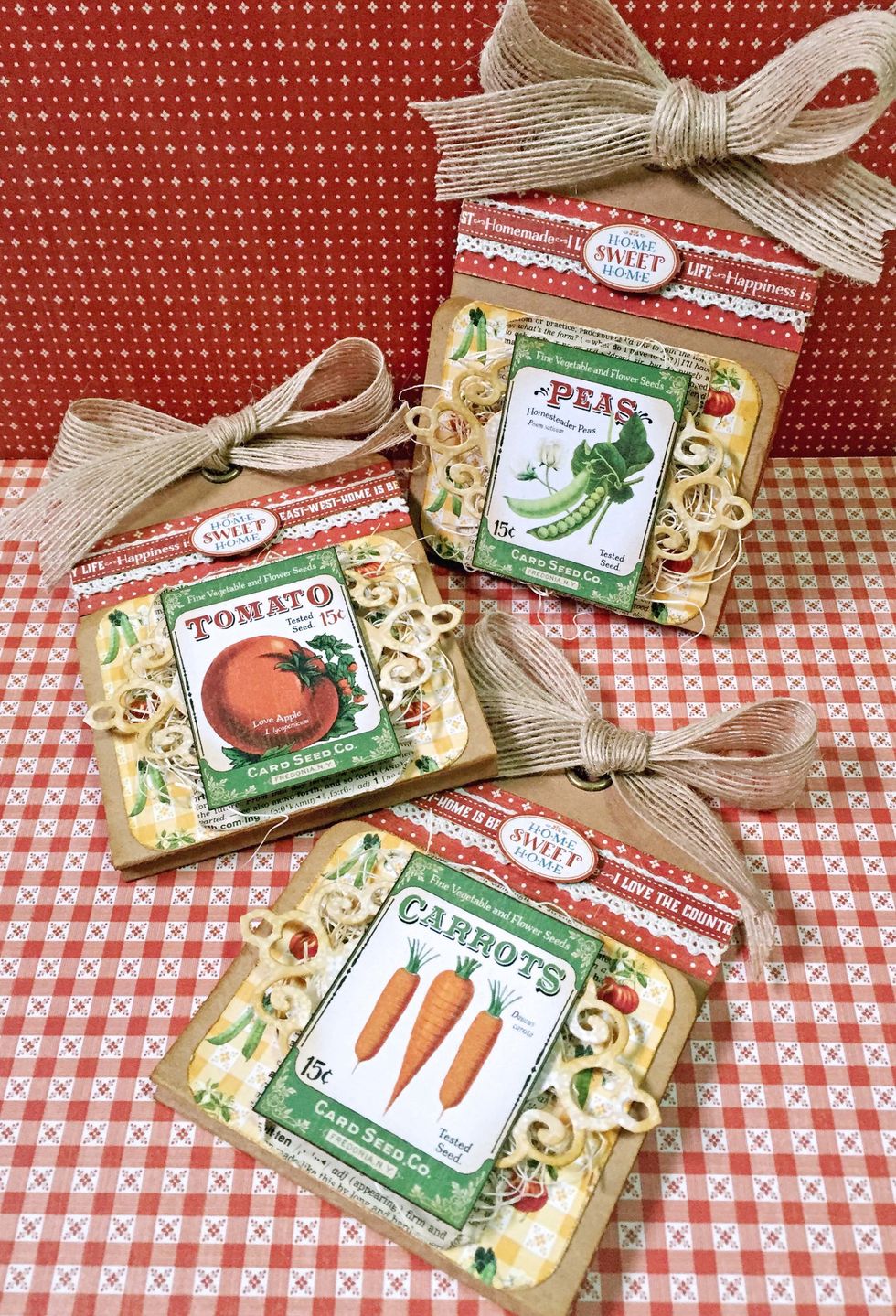 Add some burlap ribbons to make it like a gift... You may choose other ribbons or add some charms if you'd like to... Here I've made 3 seed pockets for Peas, Tomato and Carrots...
