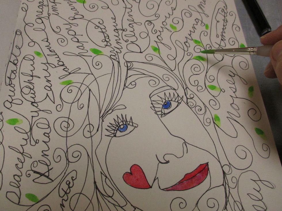 Add some color using watercolors, pencils or pens. Don't worry about realism - just enjoy the process. Because my hair looked like it was growing I added some leaf and flower shapes.