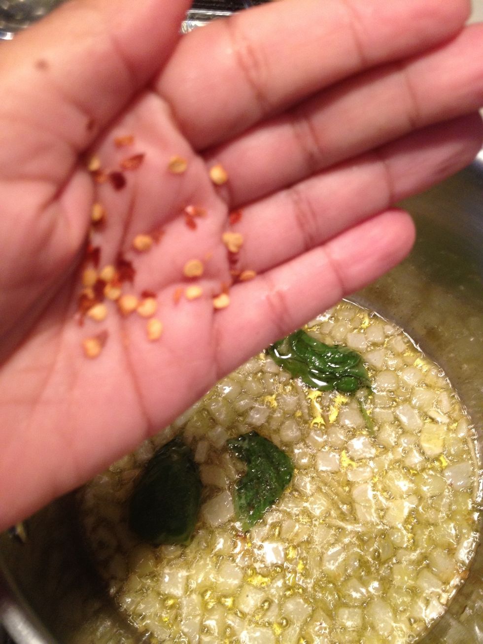 Add some crushed pepper flakes. No need for measurements , add as little or as much as you want. Omit if you don't want it.