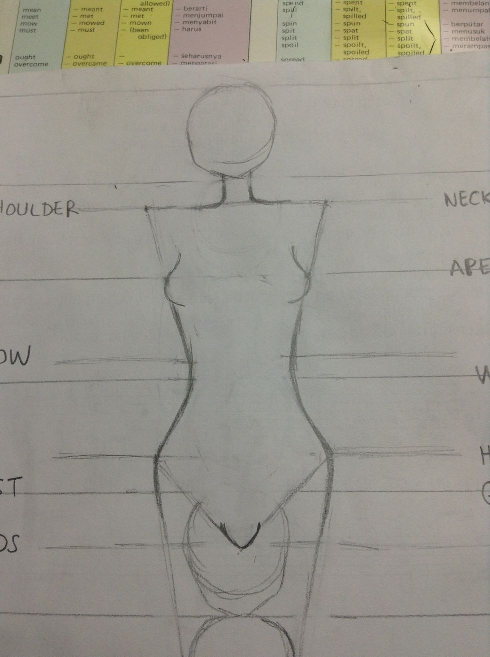 add some curves ! neck, torso and groin. this step is different with guide lines. NEVER draw straight lines in this step. straight lines will make your drawings look unnatural.