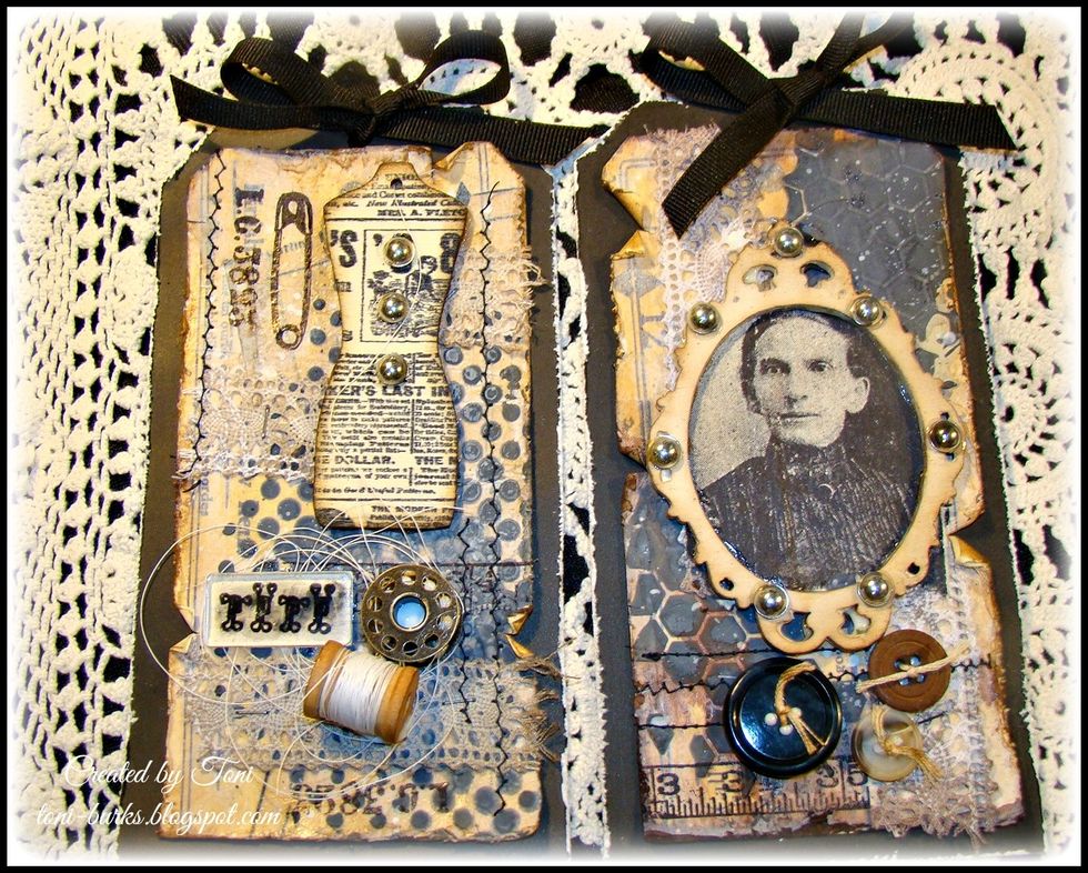 Add some embellishments to bring your tag together nicely such as buttons, thimbles, thread, spools, etc. I also added some random stamping using black archival ink.