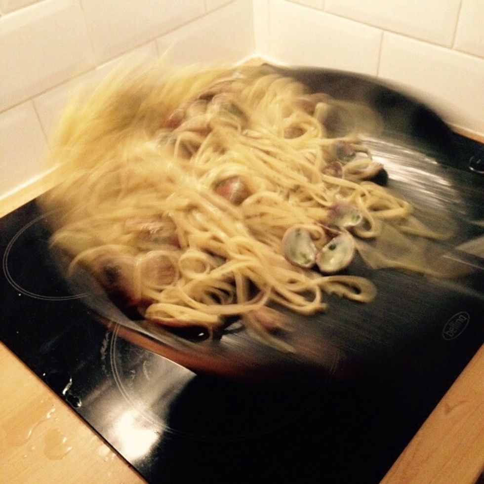 Add some fresh olive oil and saut\u00e9 the whole thing to mix sauce and pasta evenly