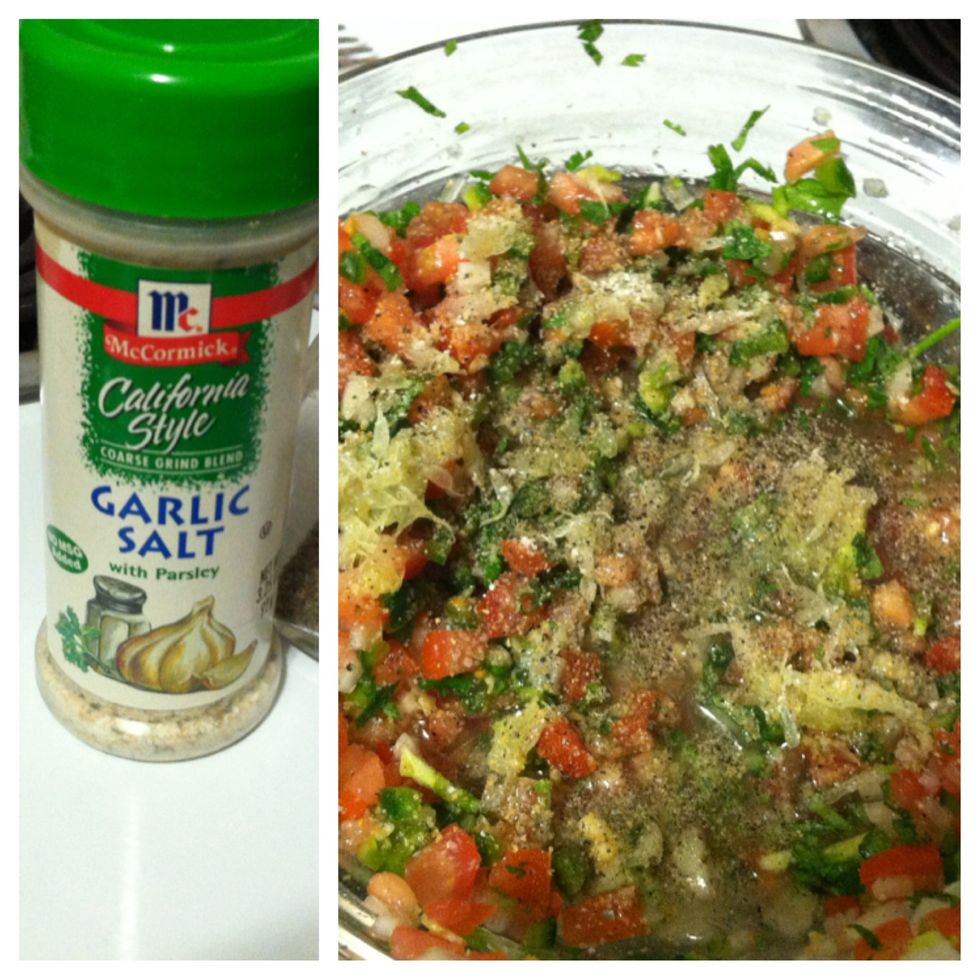 Add some garlic salt and pepper. Mix it all together.