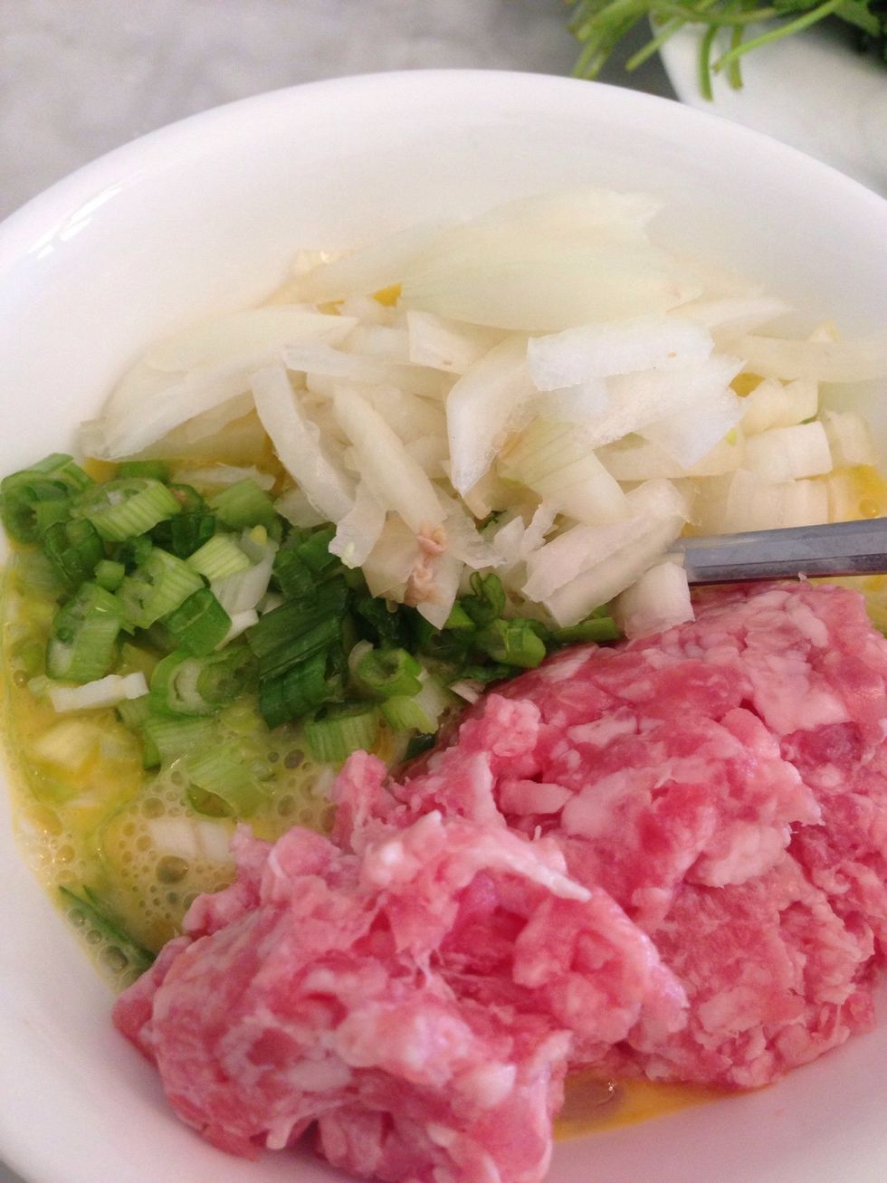 Add some green onion, onion, pork in egg.