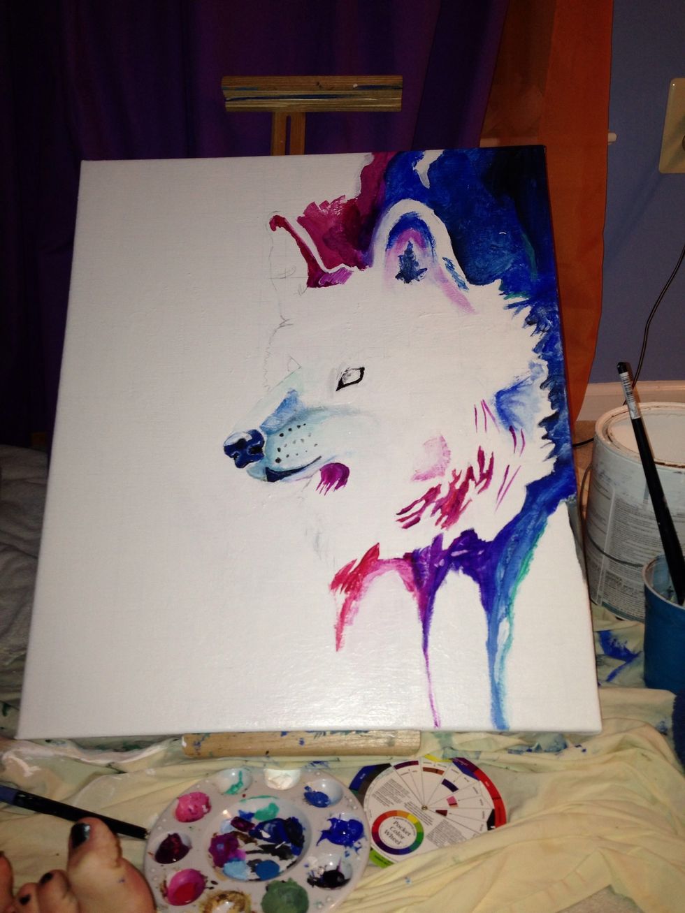 Add some interior detail around the nose. Begin to add colors to create the illusion of the wolf's fur