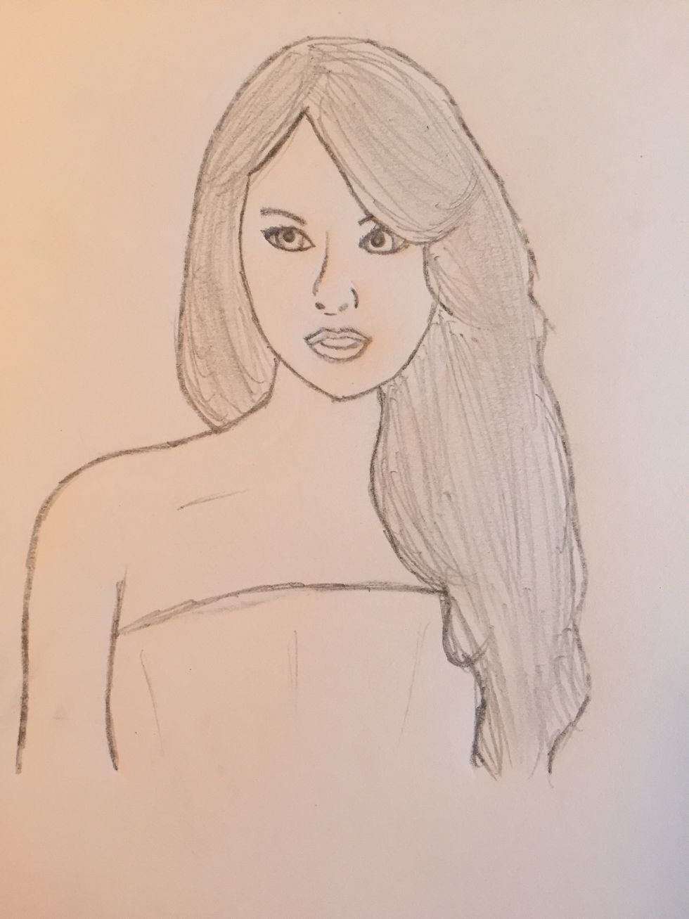 Add some more detail to Tay's hair. Think of things like "what does other people's hair look like when it's down?" and use short, quick pencil strokes. Blend it in with your fingers.