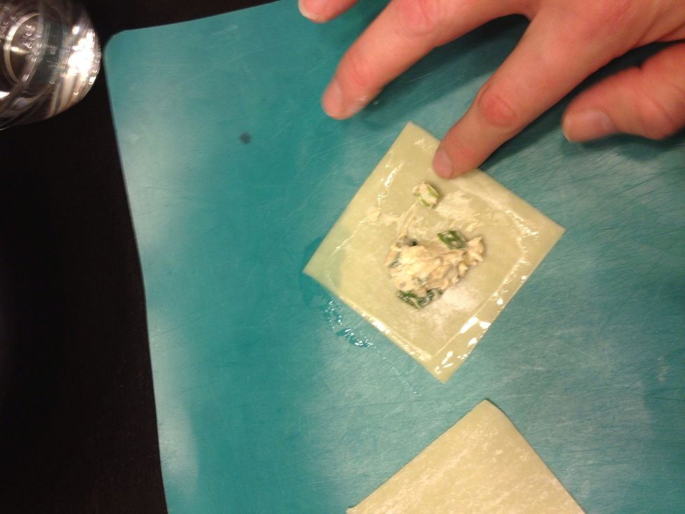 Add some of mixture to the wrappers, use water to outline wrapper