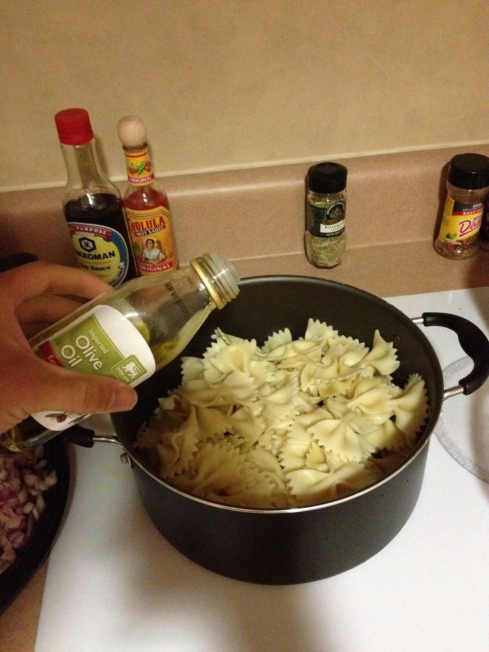Add some olive oil, be sure to do this first so everything mixes well. I'm a guy so I don't use measurements.