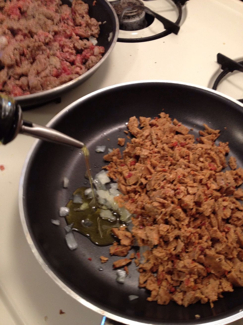 Add some onion if you like and olive oil to the pan. Keep on medium heat. Add salt and pepper to taste.