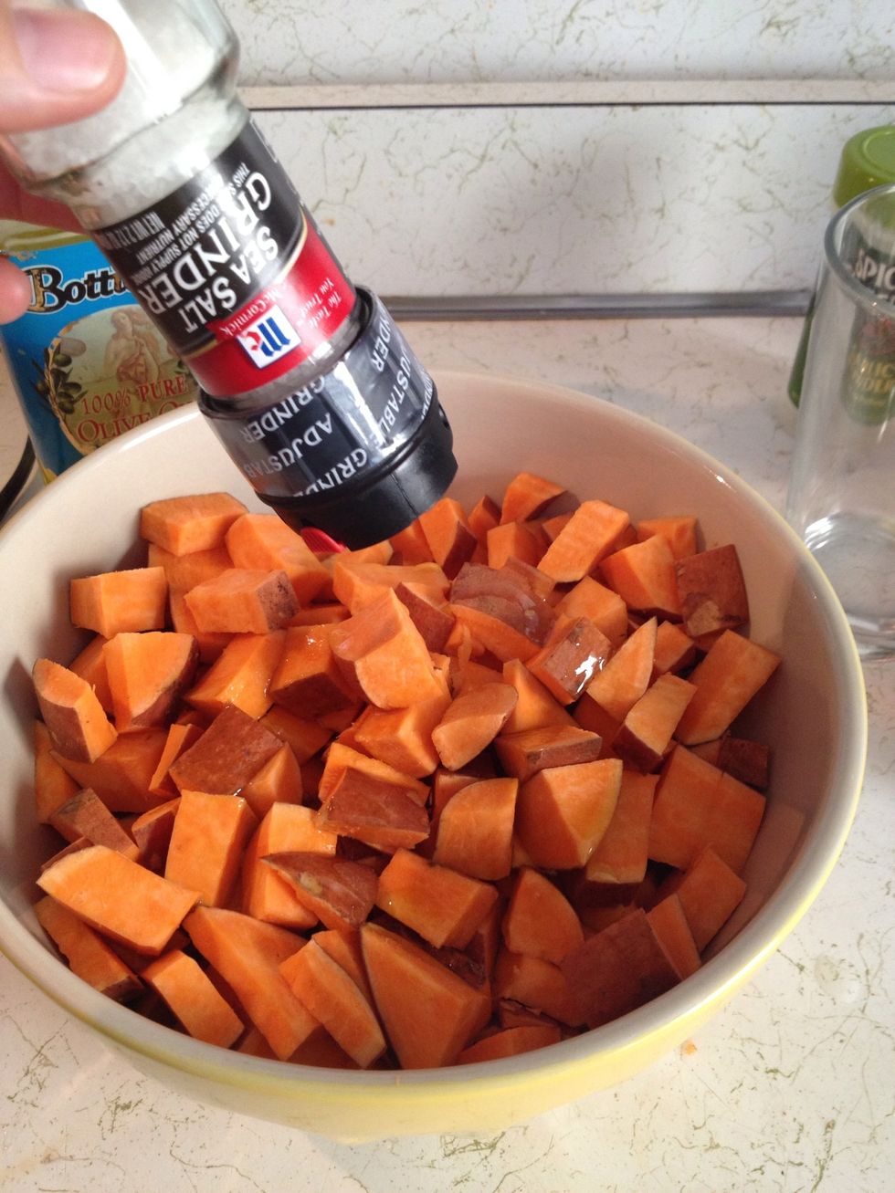 Add some salt. I like to use the salt grinders because it's larger size pieces. Plus with these you can select how coarse you like it, I picked the finest.