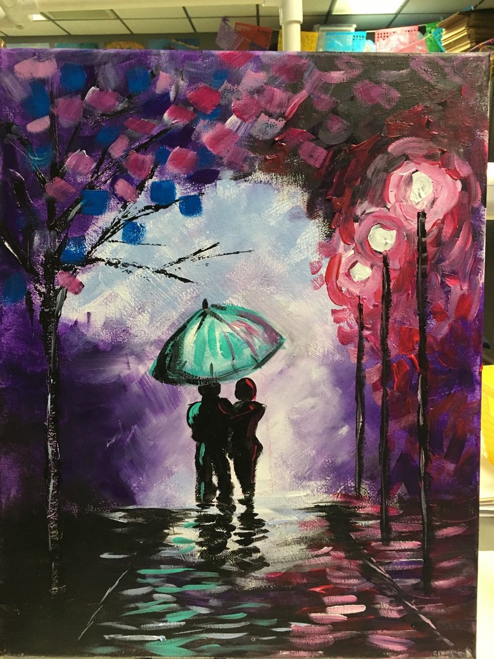 Add some teal from the umbrella to the guy and the street. OOO, so reflective. Use some blue, purple, and pink to add brush strokes to the tree.
