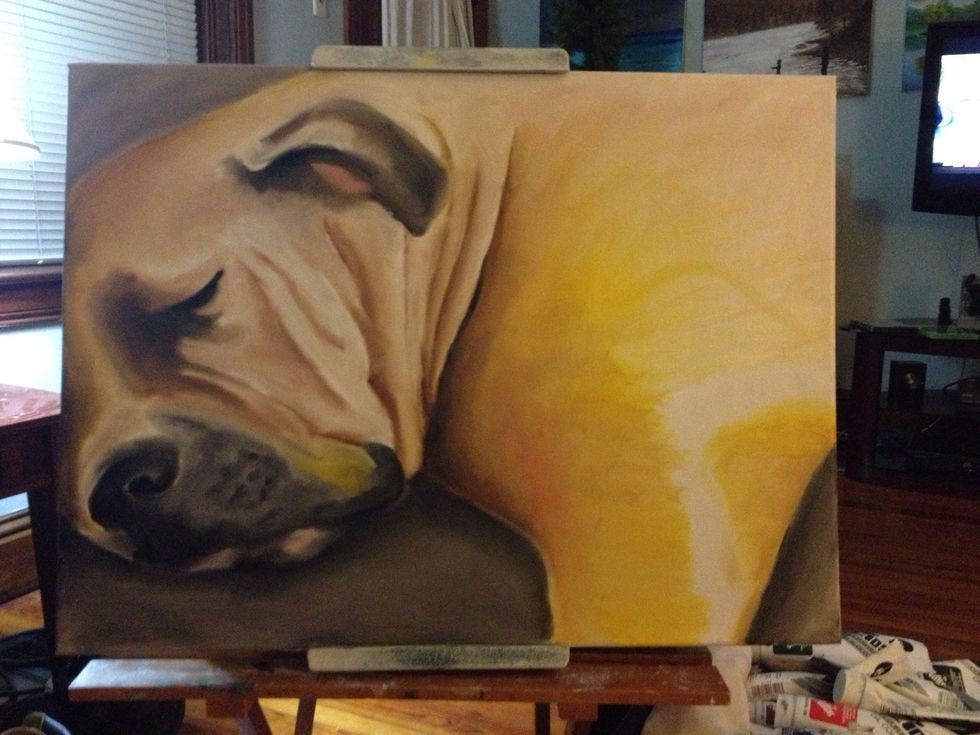 Add some yellows and white to your fingers and work out his shoulder and the rest of his body. Again. Follow the contour of his fur as if giving Bender a massage.