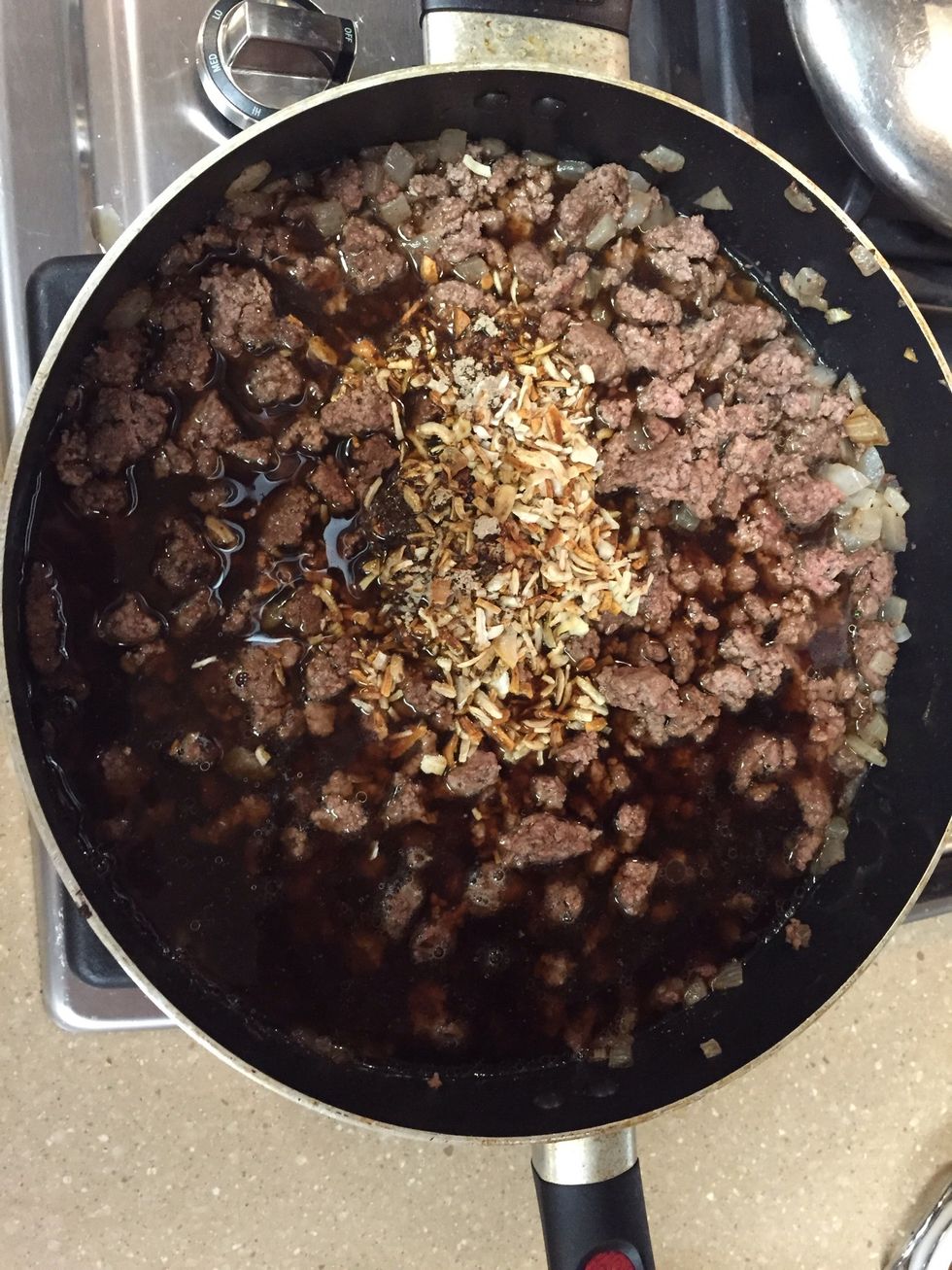 Add soup mix and beef broth. Let the broth simmer out and stir every once in a while.