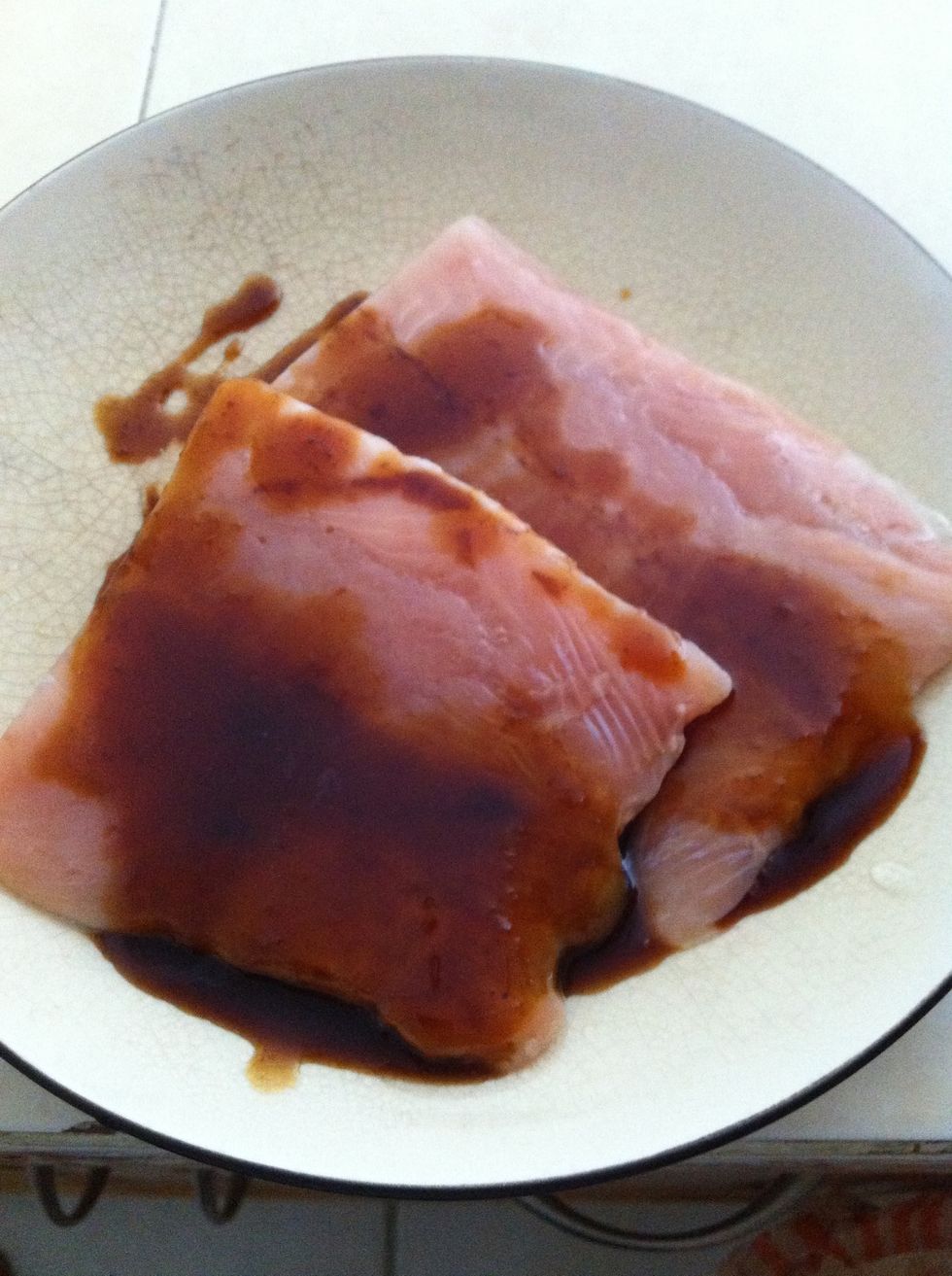 Add soy sauce or teriyaki with roasted garlic sauce to both sides