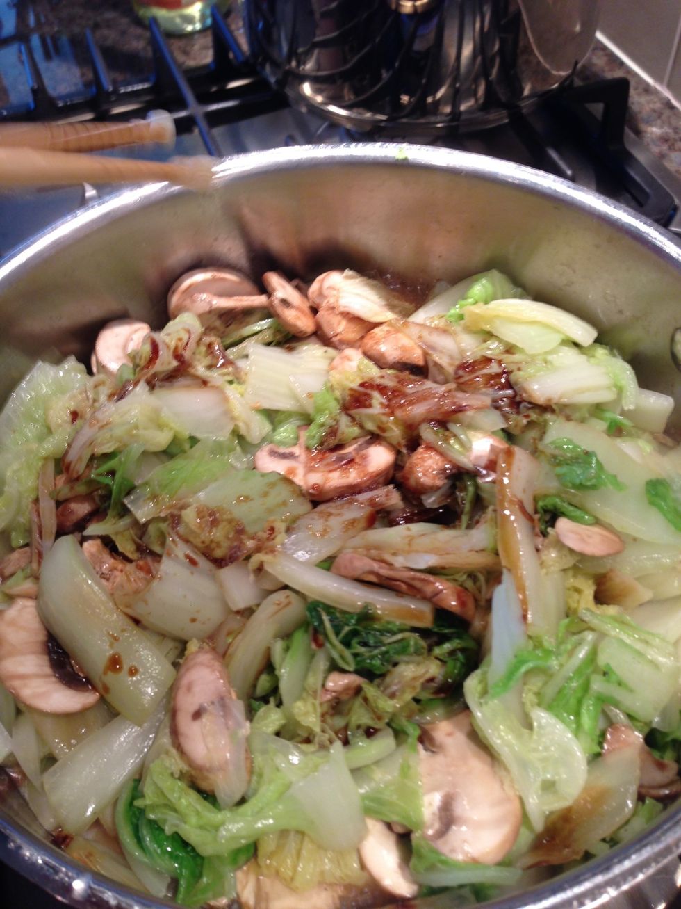Add soy sauce + sugar mixture. Stir fry everything together!