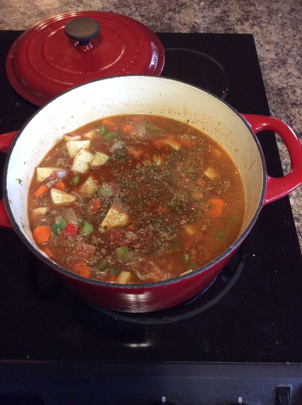 Add spices and a few dashes of Worcestershire sauce.