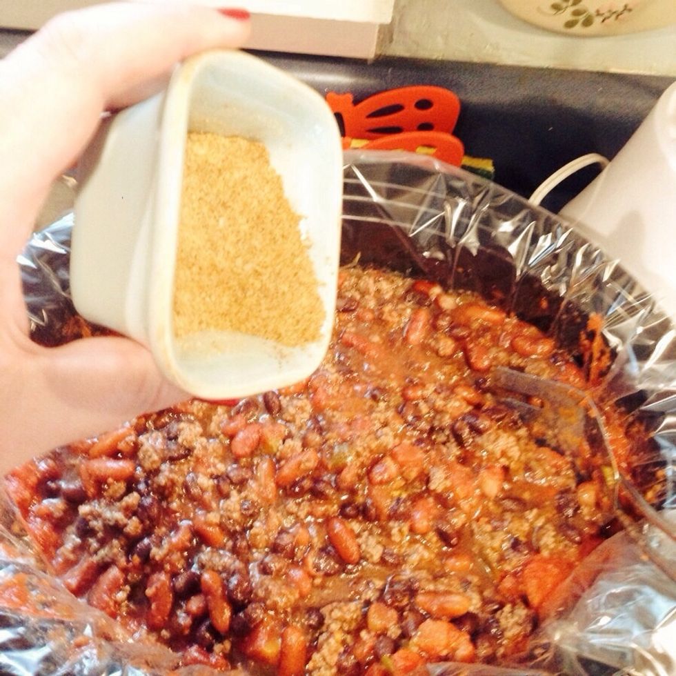 Add spices and continue to "fold" or mix or stir or whatever you do to make all our parts come together. ( that's what she said)