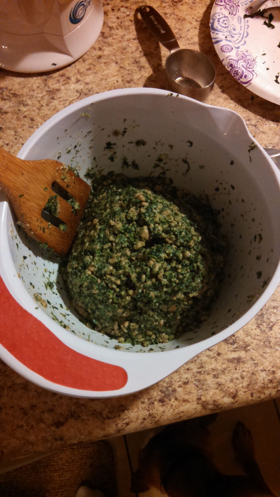 add spinach and remaining ingredients and mix adding enough stock to form a stiff paste