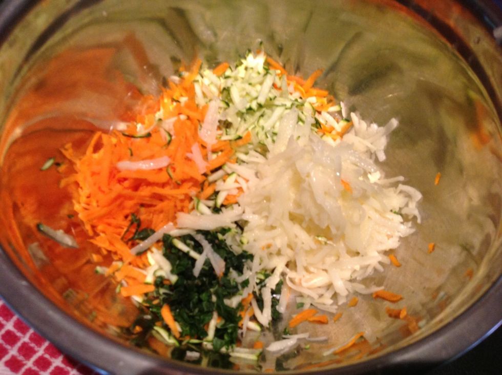 Add spinach carrot potato and zucchini