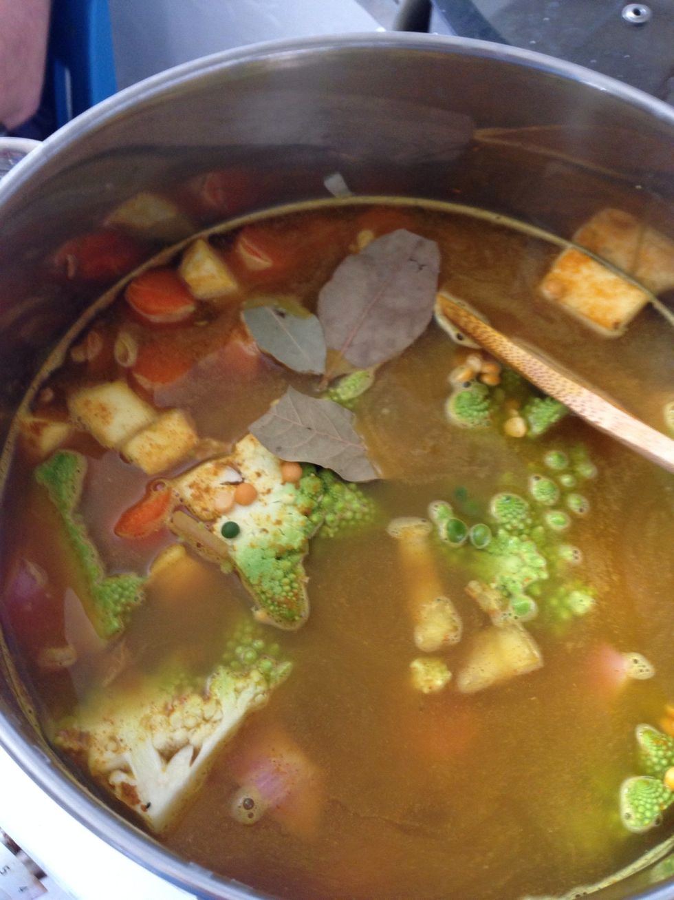 Add split peas, water and bay leaves and let simmer for approximately 40 minutes.
