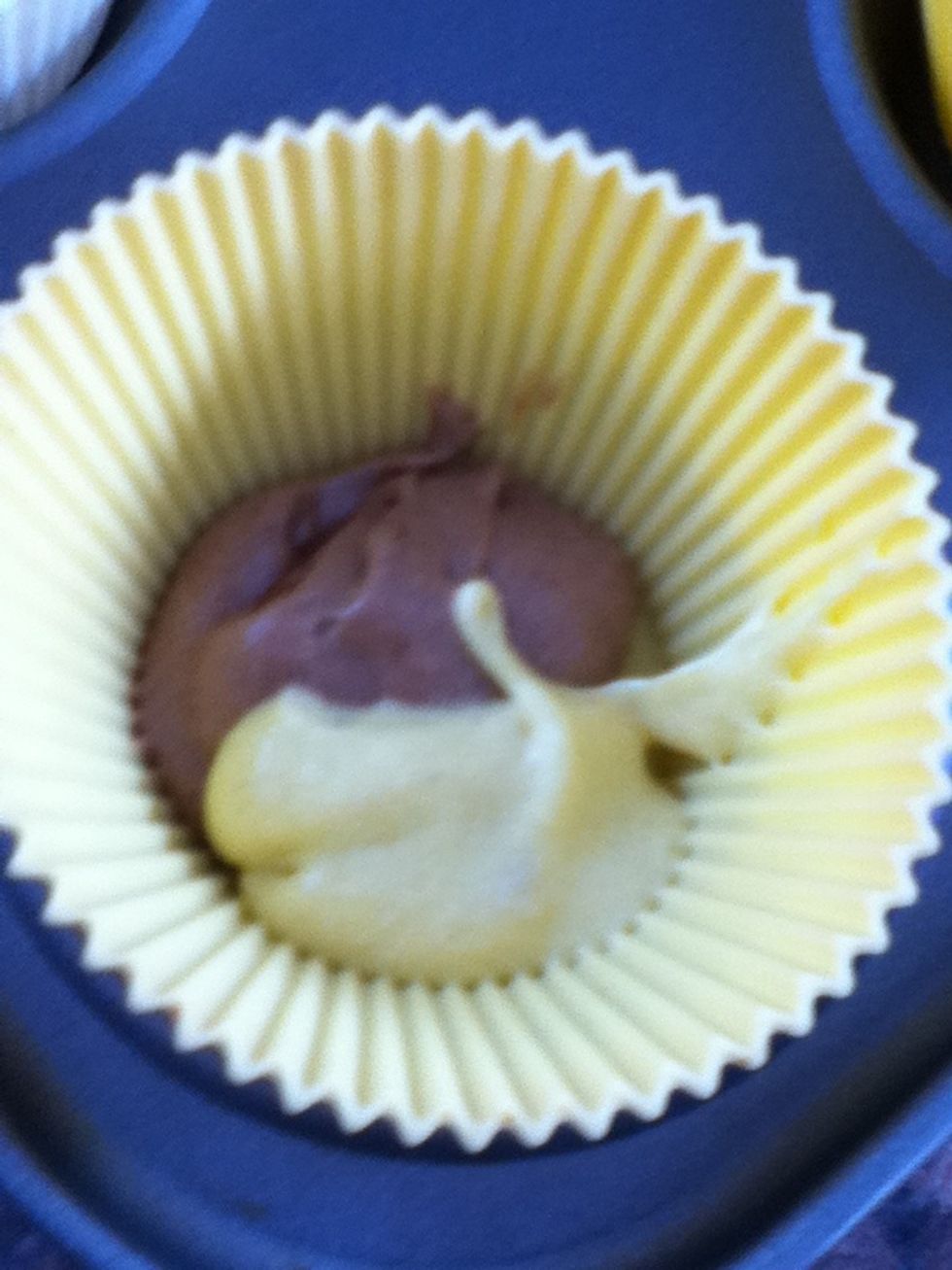 Add spoonfuls of different mixtures to the cases.
