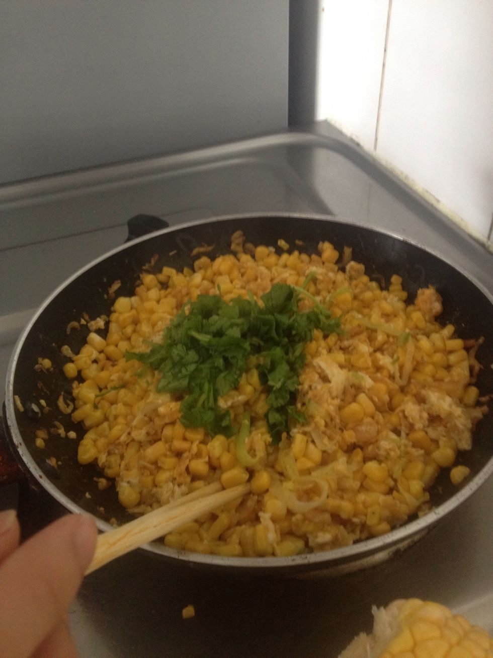 Add spring onion and coriander a few minutes before turning the kitchen off