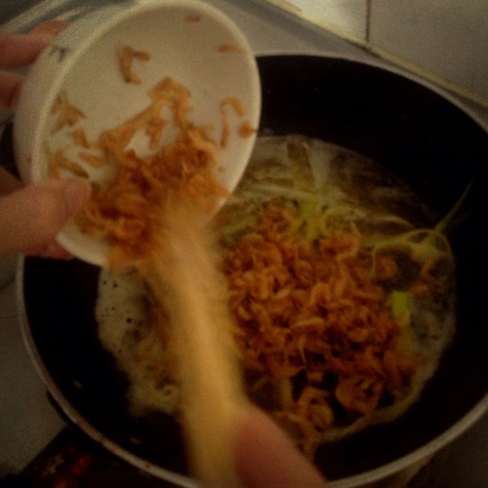 Add spring onion, tiny shrimps and then stir