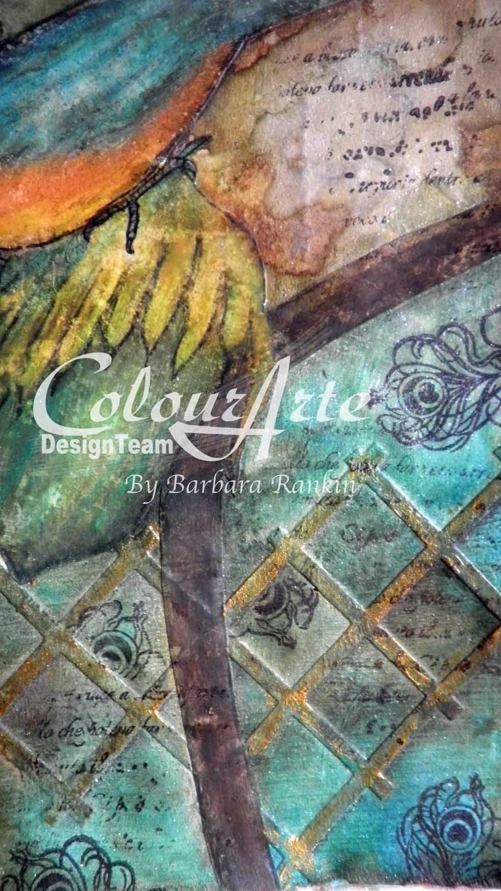 Add stamping with peacock feathers from Sin City Stamps Wildlife set, and script from the Art Journaling set. Both available at www.sincitystamps.com