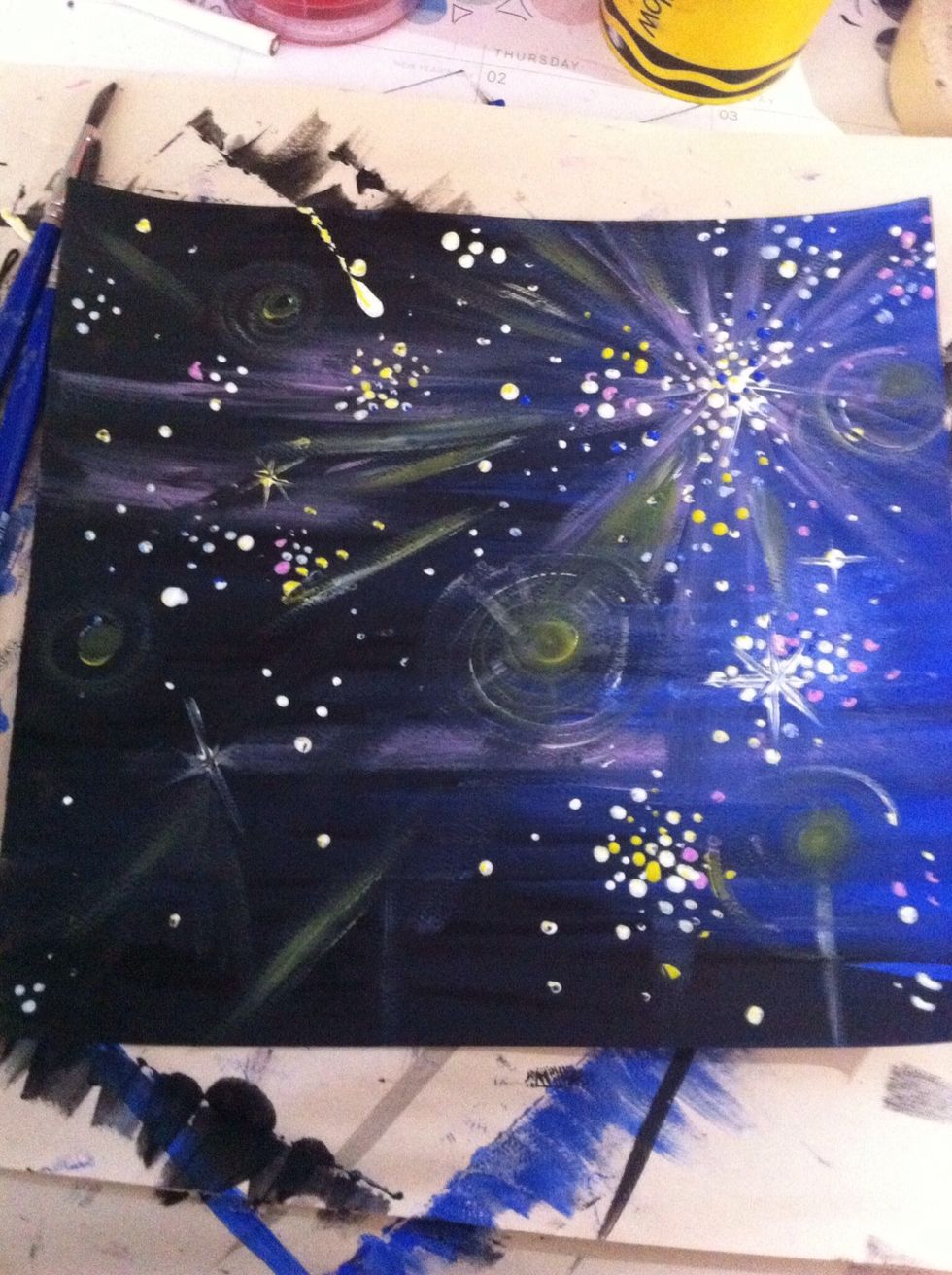 Add star bursts, swirls and anything else you want in YOUR painting. Planets, moons etc! Have fun!