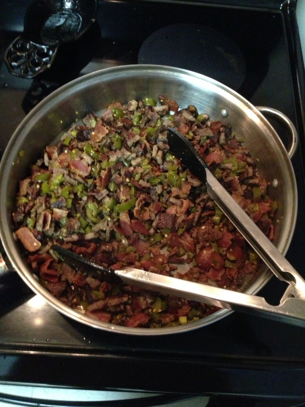 Add steak and jalape\u00f1os to bacon pan with salt and pepper. Stir and cook on med heat for 5 min then simmer until ready to eat