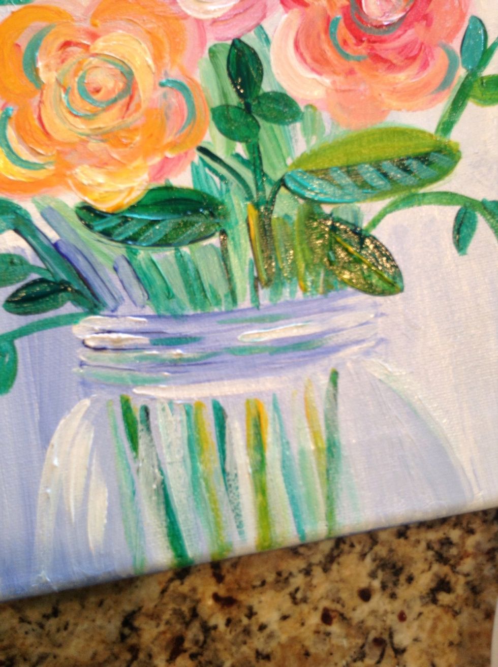 Add stems to the jar and a bit of green tot the jar top. A clear jar and water will reflect the colors of the flowers and foliage.