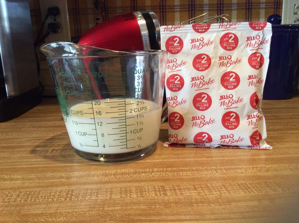 Add step 2 Filing mix to 1 2/3 C cold Milk. Beat with mixture on slow speed for 30seconds. Then beat on Medium speed for 3 minutes. Filing will be thick.