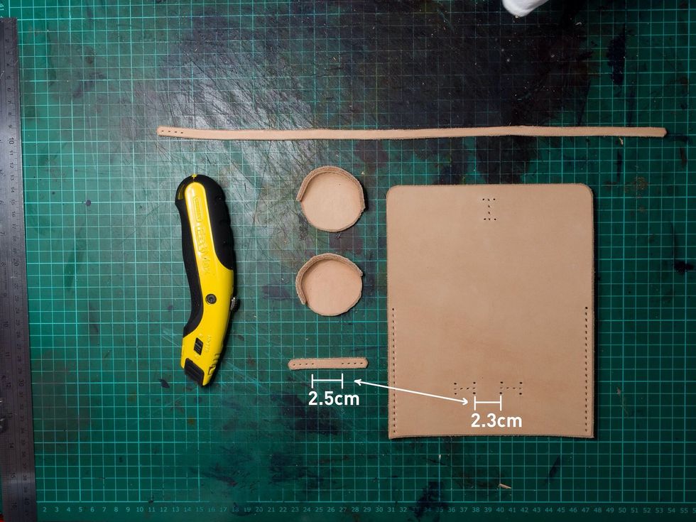 Add stitching holes for the closure: The horizontal strip of leather will have to have some slack to make room for the other piece to fit under it. Make sure to add that extra length