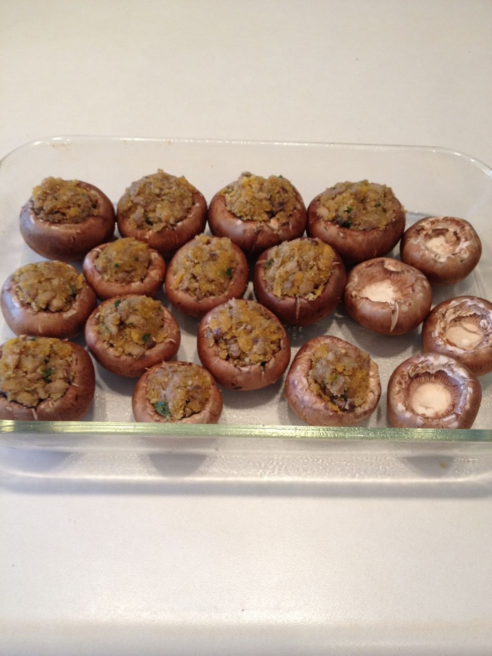 Add stuffing mixture to mushroom caps.  Bake for 12-15 minutes until stuffing starts to brown and crisp.