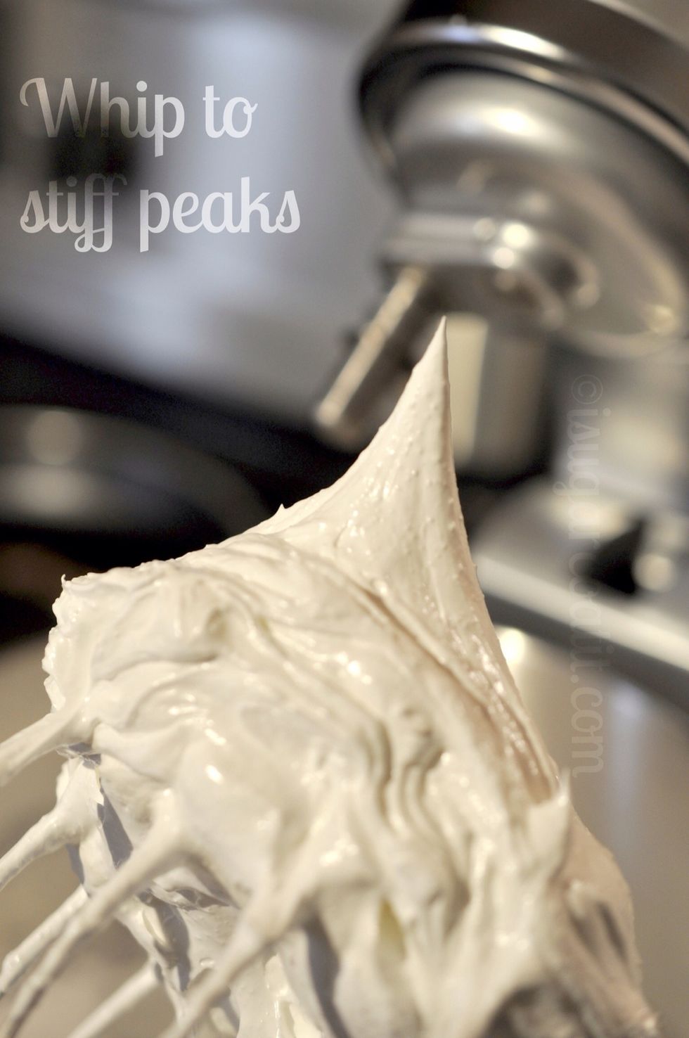Add sugar a little at a time and continuing whipping until stiff peaks form.