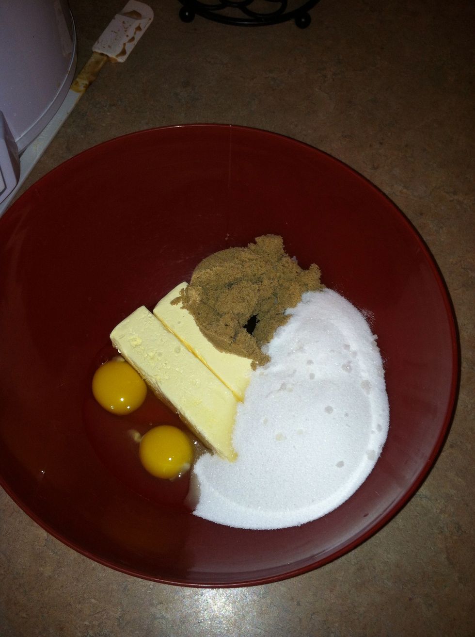 Add sugar, brown sugar, and eggs. Mix on medium speed until blended completely.