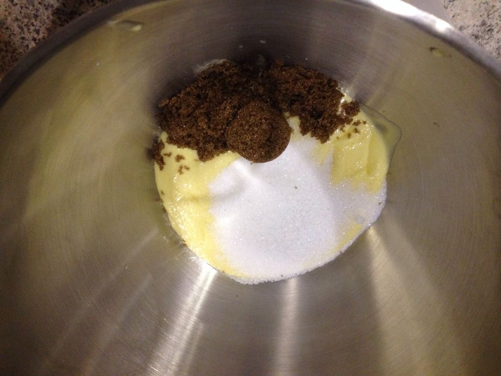 Add sugar, butter and brown sugar to a bowl