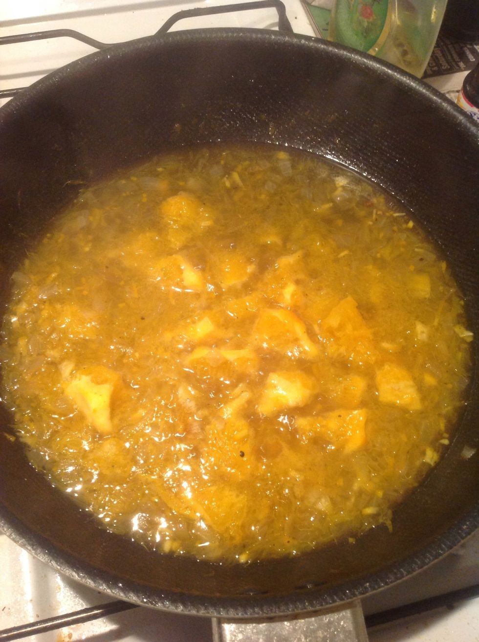 Add sugar, orange, vinegar and juice into the pan, add 1/2 cup of stock or cold water. Simmer until thickened. Add salt.