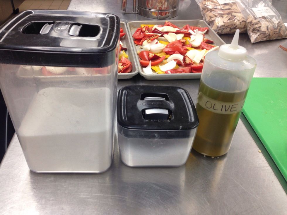 Add sugar, salt, olive oil and white vinegar across sheet trays.