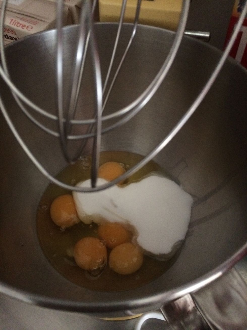 Add sugar to eggs a whisk for five minutes on high speed till mixture is a third the density